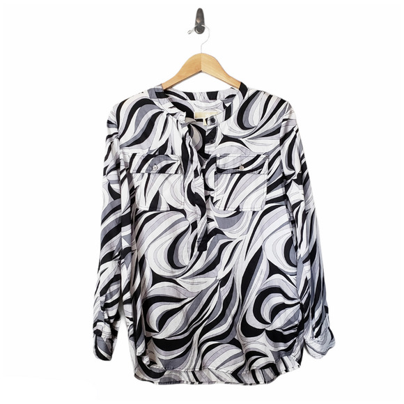 Michael Kors Geometric Roll Up Long Sleeve Blouse - Picture 1 of 7